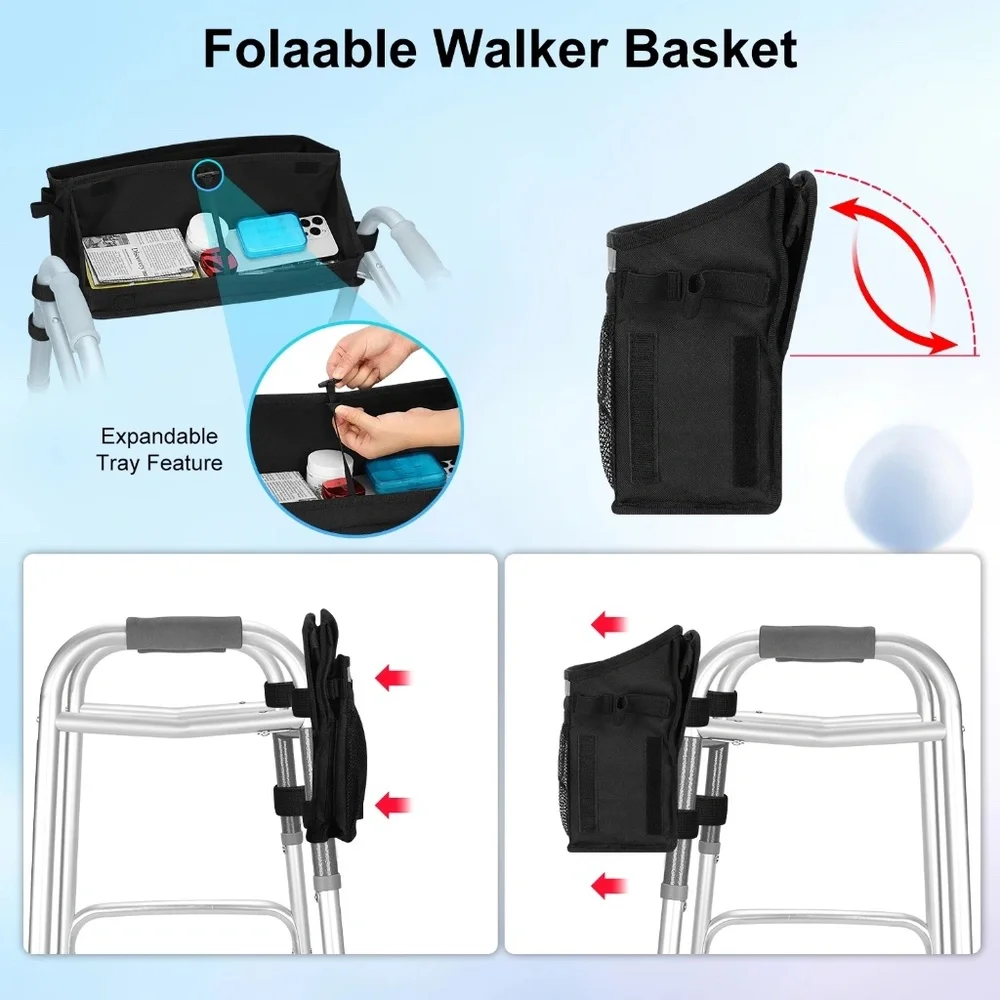Walker Basket Universal Foldable Walker Bag with Tray and Cup Holder w/Storage